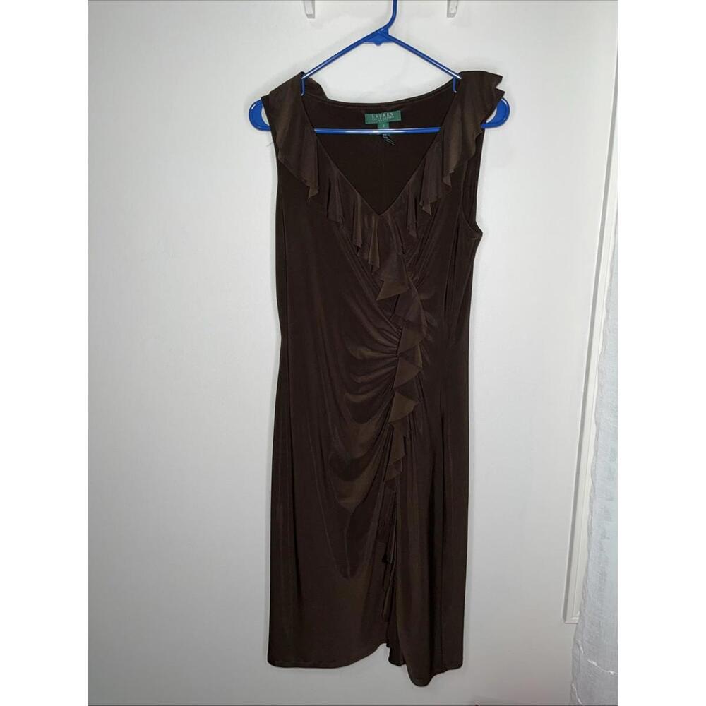 Lauren Ralph Lauren Dress Womens Brown Sleeveless Ruffle Front Lined Size 8